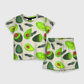 Детский костюм с шортами 3D с принтом Авокадо  фруктовый паттерн в Кировске,  |  | авокадо | дерево | здоровье | зелёный | костояка | лист | паттерн | полезный | половина | урожай | фрукт | целый | экзотический