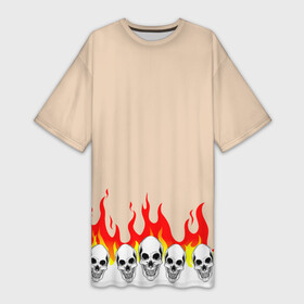 Платье-футболка 3D с принтом Черепа в Огне (Бежевый) в Кировске,  |  | fire | head | skulls | голова | зверь | зубы | кости | огонь | паттерн | пламя | скелет | текстура | узор | черепа