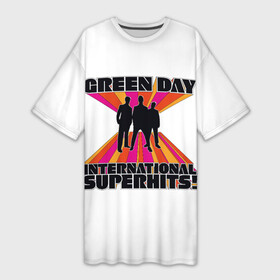 Платье-футболка 3D с принтом International Superhits Green Day в Кировске,  |  | Тематика изображения на принте: american idiot | green day | альтернативный | билли джо армстронг | греен дай | грин дей | гриндей | группа | зелёный день | майк дёрнт | музыка | панк | поп | поппанк | рок | тре кул