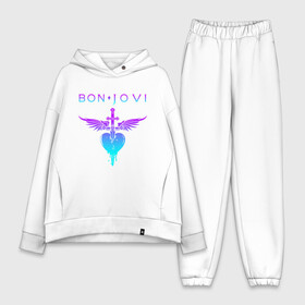 Женский костюм хлопок Oversize с принтом BON JOVI NEON LOGO HEART в Кировске,  |  | bon jovi | have a nice day | john | альбом | арена | бон | бон джови | глэм | группа | джови | джон | метал | музыка | надпись | песни | поп | попрок | рок | рокер | смайл | солист | софт | стена | хард | хеви | хевиметал