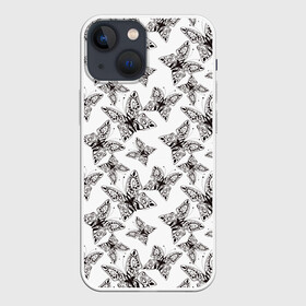 Чехол для iPhone 13 mini с принтом Ажурные черный бабочки в Кировске,  |  | абстрактный | ажурные бабочки | детский | кружевной | модный | монохромный | современный | черный и белый