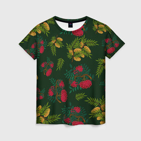 Женская футболка 3D с принтом ветки рябины и облепихи в Кировске, 100% полиэфир ( синтетическое хлопкоподобное полотно) | прямой крой, круглый вырез горловины, длина до линии бедер | ветки | деревья | зеленый | зима | лес | листья | новый год | облепиха | осень | праздничный | природа | рождество | рябина | темно зеленый | ягоды
