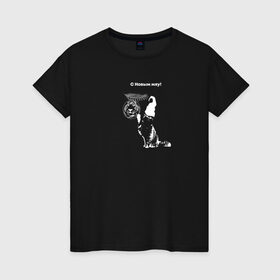 Женская футболка хлопок с принтом С  Новым мяу в Кировске, 100% хлопок | прямой крой, круглый вырез горловины, длина до линии бедер, слегка спущенное плечо | елка | кот | новый год | тигр | шары