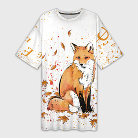 Платье-футболка 3D с принтом ЛИСА В ЛИСТЬЯХ  ОСЕННЕЕ НАСТРОЕНИЕ  FOX IN THE FOREST в Кировске,  |  | Тематика изображения на принте: autumn | forest | fox | животные | звери | лес | лиса | листья | музыка | ноты | осень | песни | природа
