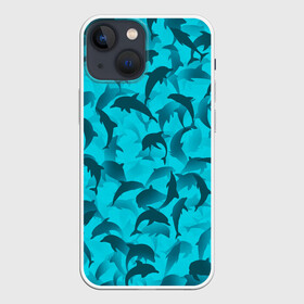 Чехол для iPhone 13 mini с принтом Синий камуфляж с дельфинами в Кировске,  |  | дельфин | дельфины | море | морской | океан | паттерн | рыба
