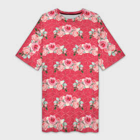 Платье-футболка 3D с принтом Красные розы паттерн в Кировске,  |  | rose | паттерн | розочки | розы | цветки | цветочки | цветы