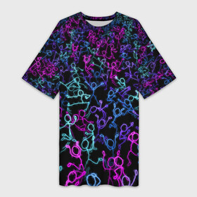 Платье-футболка 3D с принтом Neon Rave Party в Кировске,  |  | Тематика изображения на принте: disco | rave | дискотека | неоновый | рейв | танцы | человечки