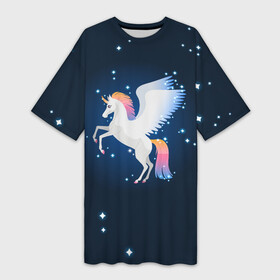 Платье-футболка 3D с принтом Милый пегас единорог с радужной гривой в Кировске,  |  | horse | pony | rainbow | unicorn | аликорн | волшебно | единорог | единороги | звезды | крылья | лошадь | ночь | пегас | пони | радуга | рог | юникорн