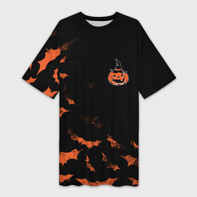 Платье-футболка 3D с принтом ВЕДЬМИНА ТЫКВА в Кировске,  |  | america | halloween | usa | америка | летучие мыши | тыква | тыква улыбается | тьма | ужас | хелловин | хеллоуин | хэллоуин