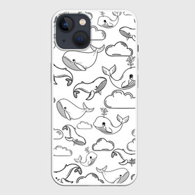 Чехол для iPhone 13 с принтом Небесные киты (ЧБ) в Кировске,  |  | whale | детское | киты | летающие киты | небо | облака