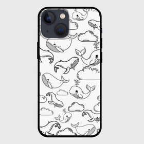 Чехол для iPhone 13 mini с принтом Небесные киты (ЧБ) в Кировске,  |  | whale | детское | киты | летающие киты | небо | облака