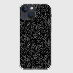 Чехол для iPhone 13 mini с принтом Растительный орнамент (черно белый) в Кировске,  |  | ветви | дебри | деревья | джунгли | заросли | кусты | лесное | листва | листья | орнамент | осень | паттерн | принт | природа | растения | растительность | роспись | сад | серое | сплошное | темное