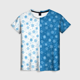 Женская футболка 3D с принтом Снежинки (зимняя пора) в Кировске, 100% полиэфир ( синтетическое хлопкоподобное полотно) | прямой крой, круглый вырез горловины, длина до линии бедер | merry christmas | дед мороз | ёлка | зима | мороз | новый год | подарок | праздник | рождество | с новым годом | сантаклаус | снег | снеговик | снегурочка | снежинки | снежные узоры | узоры