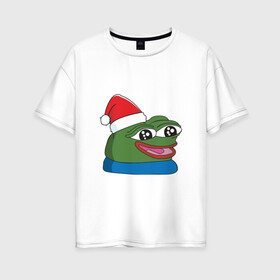 Женская футболка хлопок Oversize с принтом Pepe, pepe happy, Пепе хеппи, pepe happy new year в Кировске, 100% хлопок | свободный крой, круглый ворот, спущенный рукав, длина до линии бедер
 | Тематика изображения на принте: frog pepe | happy | happy new year | mem | meme | peepo | pepe | pepe happy | pepe happy new year | лягушка пепе | лягушонок | лягушонок пепе | пепе хеппи | хеппи