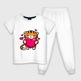 Детская пижама хлопок с принтом Милый тигренок с сердечком в Кировске, 100% хлопок |  брюки и футболка прямого кроя, без карманов, на брюках мягкая резинка на поясе и по низу штанин
 | Тематика изображения на принте: 2022 | год тигра | новый год | новый год 2022 | символ года | тигр | тигренок | тигрица | тигры