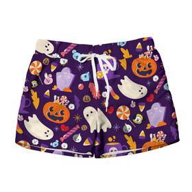 Женские шорты 3D с принтом HALLOWEEN BTS BT21 PATTERN | БТ21 БТС ХЕЛЛОУИН в Кировске, 100% полиэстер | прямой крой, два кармана без застежек по бокам. Мягкая трикотажная резинка на поясе, внутри которой широкие завязки. Длина до середины бедра | army | bangtan boys | bt21 | bts | bts stickers | chimmy | cooky | koya | mang | monster | rap monster | rapmon | rj | rm | shooky | tata | van | бтс | ви | джейхоуп | джонгук | реп монстр | стикеры bts | сюга | чимин | чин