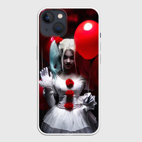 Чехол для iPhone 13 с принтом Плохая девочка с красными шарами в Кировске,  |  | bad girl | balloons | blonde | clown | girl | halloween | happy halloween | holiday | red | white dress | witch | белое платье | блондинка | ведьма | воздушные шары | девушка | клоун | красные | праздник | хэллоуин