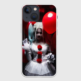 Чехол для iPhone 13 mini с принтом Плохая девочка с красными шарами в Кировске,  |  | bad girl | balloons | blonde | clown | girl | halloween | happy halloween | holiday | red | white dress | witch | белое платье | блондинка | ведьма | воздушные шары | девушка | клоун | красные | праздник | хэллоуин