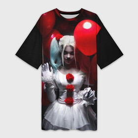 Платье-футболка 3D с принтом Плохая девочка с красными шарами в Кировске,  |  | bad girl | balloons | blonde | clown | girl | halloween | happy halloween | holiday | red | white dress | witch | белое платье | блондинка | ведьма | воздушные шары | девушка | клоун | красные | праздник | хэллоуин