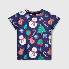 Детская футболка 3D с принтом Рождественский Паттерн в Кировске, 100% гипоаллергенный полиэфир | прямой крой, круглый вырез горловины, длина до линии бедер, чуть спущенное плечо, ткань немного тянется | Тематика изображения на принте: deer | merry christmas | веселого рождества | ели | елки | олени | рождество | снеговики | снежинки