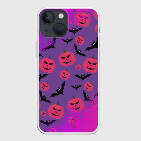 Чехол для iPhone 13 mini с принтом HALLOWEEN NEON в Кировске,  |  | bat | gourd | halloween | haloween | melon | neon | pumpkin | squash | неон | тыква | хеллоин | хеллоуин | хелоин | хэллоуин