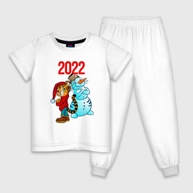 Детская пижама хлопок с принтом Тигр и снеговик 2022 в Кировске, 100% хлопок |  брюки и футболка прямого кроя, без карманов, на брюках мягкая резинка на поясе и по низу штанин
 | 2022 | год тигра | новый год | новый год 2022 | символ года | тигр | тигренок | тигрица | тигры