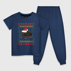 Детская пижама хлопок с принтом Рождественский свитер Жаба в Кировске, 100% хлопок |  брюки и футболка прямого кроя, без карманов, на брюках мягкая резинка на поясе и по низу штанин
 | christmas | ugly sweater | африканская лягушка | дождевая лягушка | жаба | зима | зимний | лягушка | новый год | рождественский свитер | рождество | уродливый свитер | черная лягушка