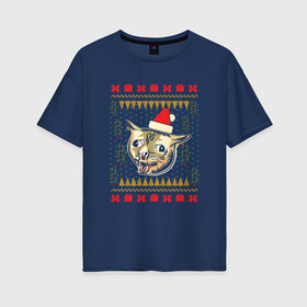 Женская футболка хлопок Oversize с принтом Рождественский свитер кашляющий кот в Кировске, 100% хлопок | свободный крой, круглый ворот, спущенный рукав, длина до линии бедер
 | christmas | coughing cat | ugly sweater | вечеринка | кашляющий кот | кот мем | котик | новогодние праздники | новый год | рождественский свитер | рождество | уродливый свитер