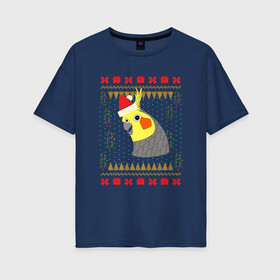 Женская футболка хлопок Oversize с принтом Рождественский свитер Корелла в Кировске, 100% хлопок | свободный крой, круглый ворот, спущенный рукав, длина до линии бедер
 | Тематика изображения на принте: christmas | cockatiel | parrot | ugly sweater | корелла | новогодние праздники | новый год | попугай | птица | рождественский свитер | рождество | уродливый свитер