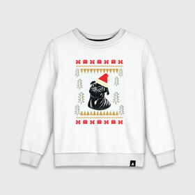 Детский свитшот хлопок с принтом Рождественский свитер Черный мопс в Кировске, 100% хлопок | круглый вырез горловины, эластичные манжеты, пояс и воротник | Тематика изображения на принте: christmas | ugly sweater | вечеринка | мопс | новогодние праздники | новый год | рождественский свитер | рождество | собака | собачка | уродливый свитер | черный мопс