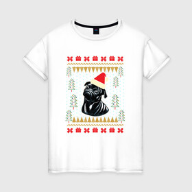 Женская футболка хлопок с принтом Рождественский свитер Черный мопс в Кировске, 100% хлопок | прямой крой, круглый вырез горловины, длина до линии бедер, слегка спущенное плечо | Тематика изображения на принте: christmas | ugly sweater | вечеринка | мопс | новогодние праздники | новый год | рождественский свитер | рождество | собака | собачка | уродливый свитер | черный мопс