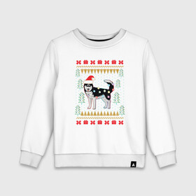 Детский свитшот хлопок с принтом Рождественский свитер Хаски в Кировске, 100% хлопок | круглый вырез горловины, эластичные манжеты, пояс и воротник | christmas | ugly sweater | вечеринка | новогодние праздники | новый год | рождественский свитер | рождество | сибирский хаски | собака | собачка | уродливый свитер | хаски