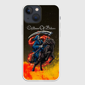 Чехол для iPhone 13 mini с принтом Children of Bodom | Skeleton on a horse в Кировске,  |  | Тематика изображения на принте: bodom | century media | children of bodom | fearless records | nuclear blast | skeleton on a horse | spinefarm records | бодом | дети озера бодом | дэниел фрэйберг | эспоо