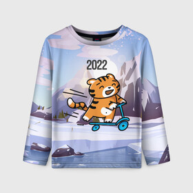 Детский лонгслив 3D с принтом Тигренок  на  самокате в Кировске, 100% полиэстер | длинные рукава, круглый вырез горловины, полуприлегающий силуэт
 | 2022 | год тигра | новый год | новый год 2022 | символ года | тигр | тигренок | тигрица | тигры