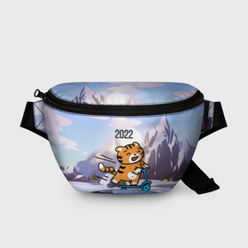 Поясная сумка 3D с принтом Тигренок  на  самокате в Кировске, 100% полиэстер | плотная ткань, ремень с регулируемой длиной, внутри несколько карманов для мелочей, основное отделение и карман с обратной стороны сумки застегиваются на молнию | Тематика изображения на принте: 2022 | год тигра | новый год | новый год 2022 | символ года | тигр | тигренок | тигрица | тигры