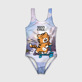 Детский купальник 3D с принтом Тигренок  на  самокате в Кировске, Полиэстер 85%, Спандекс 15% | Слитный крой, подклад по переду изделия, узкие бретели | 2022 | год тигра | новый год | новый год 2022 | символ года | тигр | тигренок | тигрица | тигры