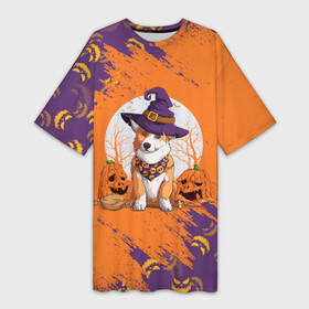 Платье-футболка 3D с принтом КОРГИ НА ХЭЛЛОУИНЕ в Кировске,  |  | corgi | halloween | haloween | корги | пёс | рыжая | рыжая собака | собака | собакен | собачка | собачуха | хеллоин | хеллоуин | хелоин | хелоуин | хэллоин | хэллоуин | хэлоин | хэлоуин