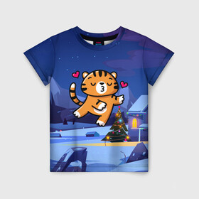 Детская футболка 3D с принтом Влюбленный тигренок с сердечками в Кировске, 100% гипоаллергенный полиэфир | прямой крой, круглый вырез горловины, длина до линии бедер, чуть спущенное плечо, ткань немного тянется | 2022 | год тигра | новый год | новый год 2022 | символ года | тигр | тигренок | тигрица | тигры