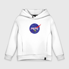 Детское худи Oversize хлопок с принтом Pepe   Pepe space   Nasa в Кировске, френч-терри — 70% хлопок, 30% полиэстер. Мягкий теплый начес внутри —100% хлопок | боковые карманы, эластичные манжеты и нижняя кромка, капюшон на магнитной кнопке | Тематика изображения на принте: frog pepe | mem | meme | nasa | peepo | pepe | pepe space | spacex | лягушка пепе | лягушонок | лягушонок пепе | пепе спейс