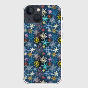 Чехол для iPhone 13 mini с принтом Красочные Снежинки в Кировске,  |  | merry christmas | дед мороз | ёлка | зима | мороз | новый год | подарок | праздник | рождество | с новым годом | сантаклаус | снег | снеговик | снегурочка | снежинки | снежные узоры | узоры