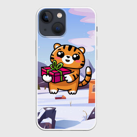 Чехол для iPhone 13 mini с принтом Новогодний тигренок с подарком в Кировске,  |  | 2022 | год тигра | новый год | новый год 2022 | символ года | тигр | тигренок | тигрица | тигры