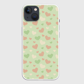 Чехол для iPhone 13 с принтом Сердечки на светло зеленом фоне в Кировске,  |  | hearts | love | valentines day | белый | день влюбленных | зеленый | красный | любовь | сердечки | сердце