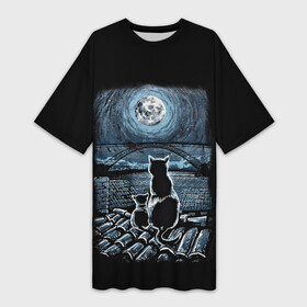 Платье-футболка 3D с принтом КОТЫ НА КРЫШЕ в Кировске,  |  | Тематика изображения на принте: cat | moon | night | животные | звезды | звери | кот | котенок | коты | кошка | красиво | крыша | луна | мама | небо | ночь | тьма