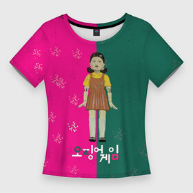 Женская футболка 3D Slim с принтом Игра в кальмара. Кукла. Противостояние в Кировске,  |  | игра в кальмара | игра на выживание | логотип игры в кальмара | песня куклы | рисунок руками | страшная кукла | фан арт