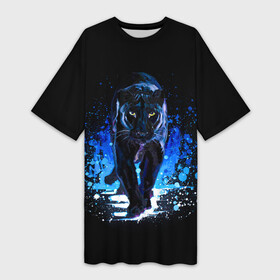 Платье-футболка 3D с принтом Черная пантера пятна краски в Кировске,  |  | black panther | panthera | большая кошка | красивая кошка | пантера | пятна краски | синяя краска | хищный зверь | черная пантера