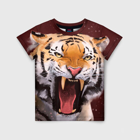 Детская футболка 3D с принтом Тигр красавчик сердится в Кировске, 100% гипоаллергенный полиэфир | прямой крой, круглый вырез горловины, длина до линии бедер, чуть спущенное плечо, ткань немного тянется | 2022 | aggressive | angry | fangs | new year | open mouth | predator | tiger | year of the tiger | агрессивный | год тигра | клыки | новый год | открытая пасть | сердитый | тигр | хищник