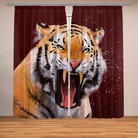 Фотошторы с принтом Тигр красавчик сердится в Кировске, Блэкаут (светозащита 90%) / Габардин (светозащита 40% | 2 полотна шириной по 145 см; Высота 200-300 см; Крепление: шторная лента (на крючки); | 2022 | aggressive | angry | fangs | new year | open mouth | predator | tiger | year of the tiger | агрессивный | год тигра | клыки | новый год | открытая пасть | сердитый | тигр | хищник