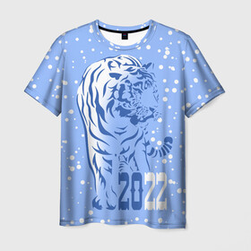 Мужская футболка 3D с принтом Голубой водяной тигр в Кировске, 100% полиэфир | прямой крой, круглый вырез горловины, длина до линии бедер | 2022 | beast | blue water tiger | is coming | new year | predator | strength and tranquility | year of the tiger | год тигра | зверь | зима | идет | новый год | сила и спокойствие | снег | хищник