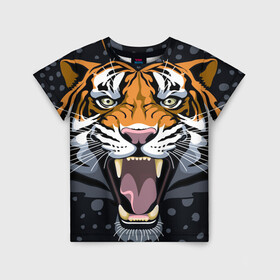 Детская футболка 3D с принтом Амурский тигр в ночи в Кировске, 100% гипоаллергенный полиэфир | прямой крой, круглый вырез горловины, длина до линии бедер, чуть спущенное плечо, ткань немного тянется | 2022 | aggression | amur tiger | beast | grin | new year | night | open mouth | predator | snowfall | winter | year of the tiger | агрессия | амурский тигр | год тигра | зверь | зима | новый год | ночь | оскал | открытая пасть | снегопад | хищник