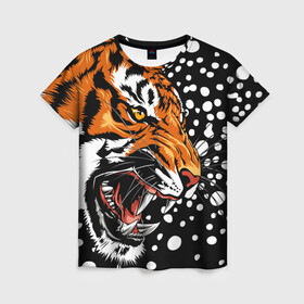 Женская футболка 3D с принтом Амурский тигр и снегопад в Кировске, 100% полиэфир ( синтетическое хлопкоподобное полотно) | прямой крой, круглый вырез горловины, длина до линии бедер | Тематика изображения на принте: 2022 | amur tiger | beast | grin | new year | night | open mouth | predator | profile | snowfall | winter | year of the tiger | амурский тигр | год тигра | зверь | зима | новый год | ночь | оскал | открытая пасть | профиль | снегопад | хищник